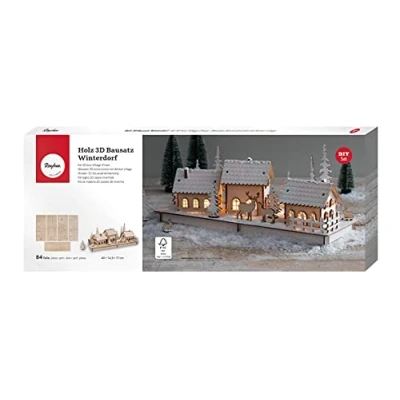 Imagen de Rayher Maqueta de casas navideñas para montar, 40x14,5x17 cm, pueblo Navidad en madera, 63158505