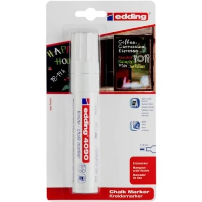 Imagen de edding 4090 marcador de tiza blanco 1 rotulador punta biselada 4 15 mm para cristal borrables pizarras, vidrio y espejos líquida cobertura opaca