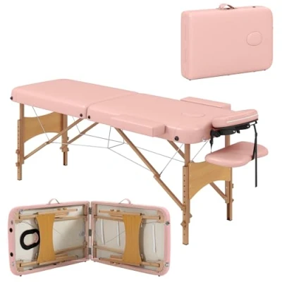 Imagen de HOMCOM Camilla de Masaje Plegable 185x60 cm Portátil con Reposacabezas Extraíble Asa y Marco Madera Fisioterapia Altura Regulable Bolsa Transporte Rosa