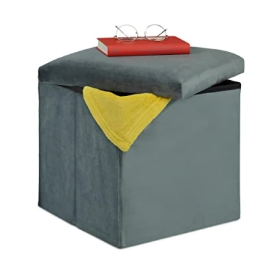 Imagen de Relaxdays Espacio de Almacenamiento Acolchado Taburete Plegable Terciopelo, Puff Almacenaje, 38 x cm, Baúl Tapizado MDF, Gris Oscuro, Gomaespuma