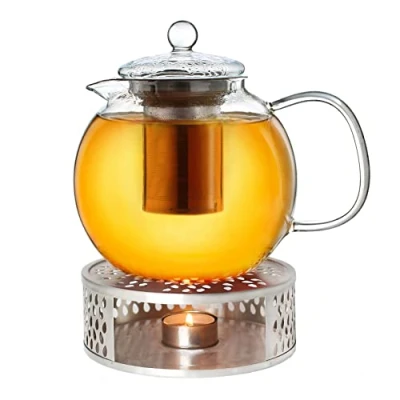 Imagen de Creano Tetera de vidrio + UN calentador Acero inoxidable, 3 piezas, con colador inoxidable integrado y tapa vidrio, ideal para preparar tés sueltos 1,7 l calefactor