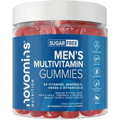 Imagen de Multivitaminas Hombre 60 Gominolas 27 Vitaminas y Minerales Multivitaminico con Vitamina C, D, A, E, B6, B12, Zinc Biotina Sin Gluten Vegano Sabor Piña Apoyo Inmunológico Novomins