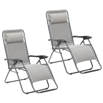 Imagen de LOLAhome 2 sillas Gravedad Cero Camping jardín y terraza, reclinables, Bloqueo de Seguridad, Estructura Acero Gris Asiento Lona Oxford poliéster 3D Beige