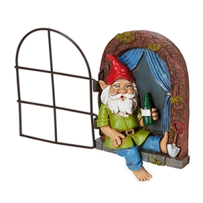 Imagen de Relaxdays Enano Bebiendo Decoración Árbol Gnomo en la Ventana, Resistente a Intemperie, para Colgar, 14,5 x 10,5 4 cm, Multicolor, Hierro