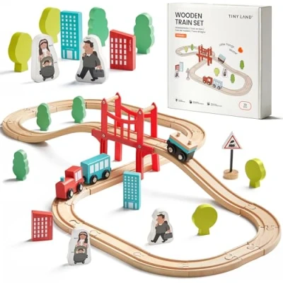 Imagen de Tiny Land Tren Juguete, 39Pcs Trenes de Juguetes para Niños con Pistas Madera, Adapta a Thomas Brio, Intercambiable y Expandible, Kit Ferrocarril Juguete Empaquetado Regalo