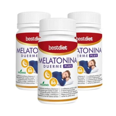 Imagen de Bestdiet Melatonina masticable, Vitamina B6 para Favorecer Sueño Profundo y el Funcionamiento del Sistema Nervioso, Pastillas Dormir, Vegana, Sin Gluten, pack de 3 botes 60 comprimidos