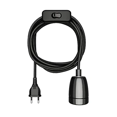 Imagen de ledscom.de cable textil LEHA II, enchufe, interruptor, negro, 3 m, casquillo de porcelana, 1x E27 máx. 300W, Led, Diy, lámpara, E27, textil, lámpara colgante, enchufe