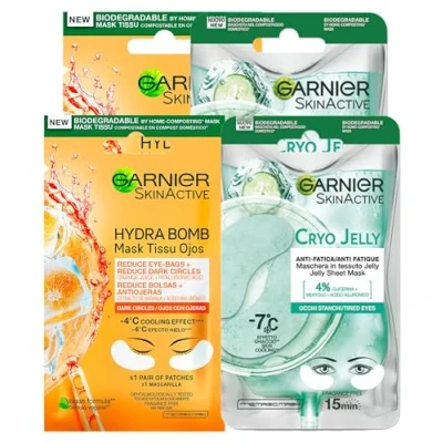 Imagen de Garnier SkinActive Hydra Bomb máscara de ojos contra las ojeras con zumo naranja y ácido hialurónico, 4 parches + Cryo Jelly, antifatiga efecto hielo glicerina mentol,