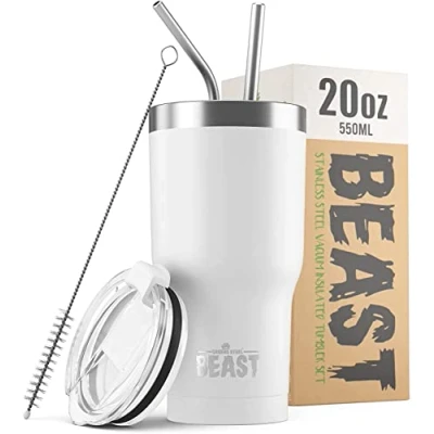 Imagen de Greens Steel BEAST Termo Café para Llevar 550ml I Blanco Ártico Taza Térmica de Acero Inoxidable Reusable Viajera Doble Pared al Vacío 2 Pajitas y Cepillo Limpieza