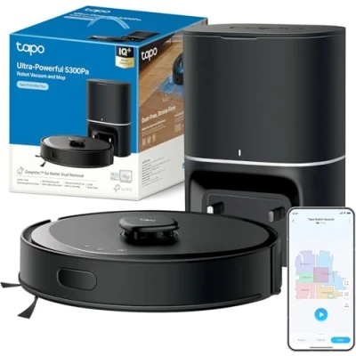 Imagen de Tapo RV30 MAX Plus Aspiradora robot, Potencia de succión ultra 5300Pa con fregado, Base vaciado automático 3L, Navegación LiDAR+IMU avanzada, Control por voz y aplicación