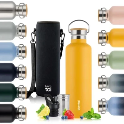 Imagen de Blumtal Termo 750ml botella de acero inoxidable doble pared isotérmica libre BPA té deportiva Amarillo Hipster
