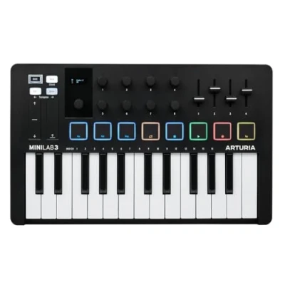 Imagen de Arturia MiniLab 3 Controlador MIDI Universal para Producción Musical, con Paquete de Software Todo en Uno 25 Teclas, 8 Pads Multicolor Negro