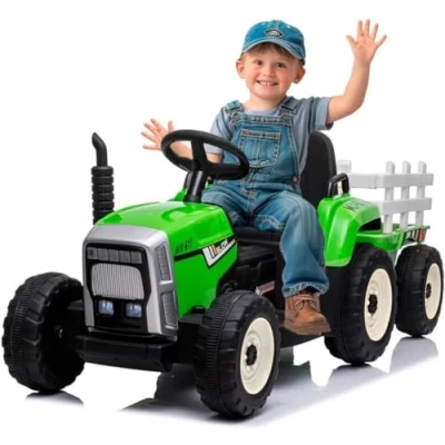 Imagen de FINOOS tractor eléctrico para niños de 12 V con pala y remolque desmontable, vehículo niños, luz LED, música claxon, mando a distancia 2,4 G, 2 5 km/h (verde)