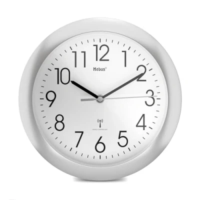Imagen de MEBUS Funk Wanduhr mit silbernem Rahmen und 25 cm Durchmesser/Farbe: Silber/Weiß/Modell 52451