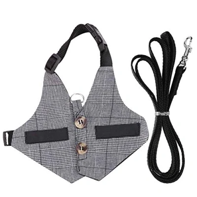 Imagen de Pssopp Correa para Arnés de Conejo Conjunto y Chaleco Conejito Lindo con decoración Botones Mascotas Traje Formal Ajustable Estilo Rayas a Cuadros Gris(S)