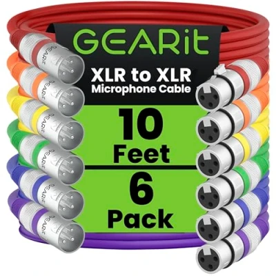 Imagen de GearIT cable de micrófono XLR a (10 pies, 6 unidades) macho hembra, blindado equilibrado 3 pines para mezclador micrófono, estudio grabación, podcast, multicolor, 10