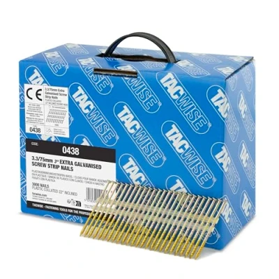 Imagen de TACWISE 0438 Clavos Extra Galvanizados para Estructuras, 3,3/75 mm, Cabeza Redonda, Vástago Roscado, Inclinados 22, en Tiras de Plástico, Paquete 3000, Metalizado, 3.3/75 mm
