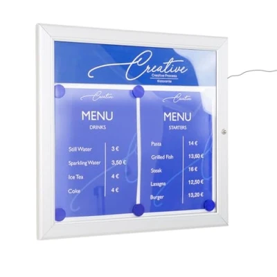 Imagen de Danieli Store Tablón de Anuncios Exterior Plateado para Menús con Cerradura y Par Llaves Fácil Montaje en Pared Superficie Acero Magnético Escribible (2 x A4 LED)