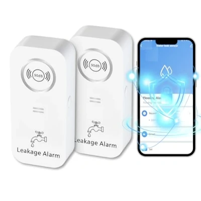 Imagen de Detector de Agua WiFi (WiFi 2,4 G), 90 dB con Sensor y Alarma por aplicación, inalámbrica, para tuberías, Dormitorio, Cocina, baño, sótano (2 Unidades)