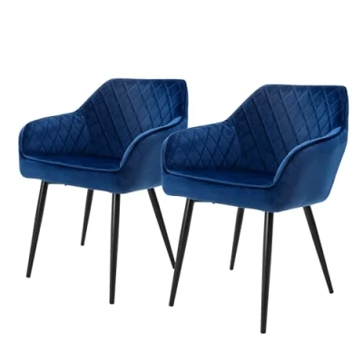 Imagen de ML Design Set 2X Sillas de Comedor Azul Oscuro Estilo Moderno Asiento Tapizado Aspecto Terciopelo Patas Metal Negras con Respaldo y Apoyabrazos Sillón Salón Oficina Dormitorio Cocina