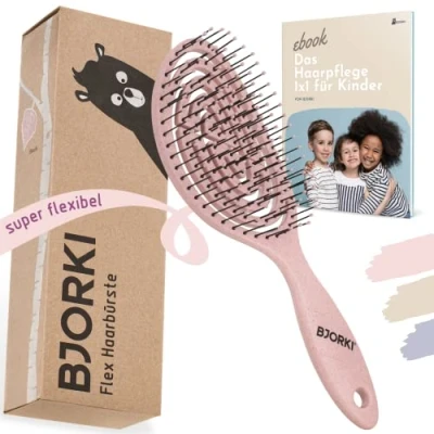 Imagen de BJORKI® cepillo de pelo para niños sin tirones con cepillos educativos 1 x desenredante profesional muelle flexible en espiral, nuestro contra nudos y