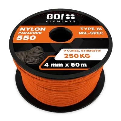 Imagen de GO!elements 50m Paracord de Nylon a Prueba desgarros 4mm 550 Typo III Cuerda Adecuado como Yute &amp; Gruesa MAX. 250kg, Color: Naranja
