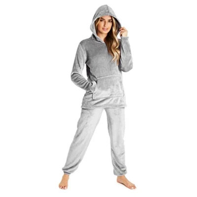 Imagen de CityComfort Pijama Mujer, Mujer Invierno de Forro Polar Elegante Dos Piezas con Capucha S XL (Gris Medio, L)
