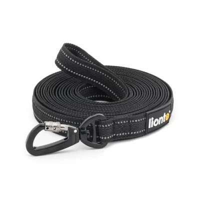 Imagen de lionto correa de arrastre para perros, 15 m, goma con mano y mosquetón metal 360 cierre seguridad, reflectante nailon resistente a la intemperie, color negro