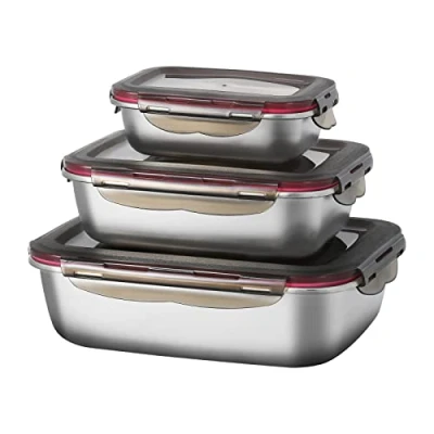 Imagen de FAB4HOME Juego de 3 Recipiente Hermetico para Alimentos Acero Inoxidable Contenedor Almacenamiento con Tapa Apilable 600ml/ 1500ml/ 2900ml Aptos Lavavajillas Nevera Frigorifico