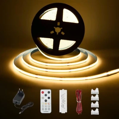 Imagen de Enteenly Tira LED COB Blanco Cálido 3 Metros, Kit de Luz para Bajo Gabinete con Control Remoto RF Vitrina, Cocina, Escritorio, Estante, Armario, Incluye Adaptador 24V, 2700K