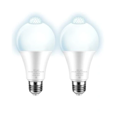 Imagen de Bombilla LED de 12 W con sensor movimiento PIR, equivalente a 100 W, 6000 K blanco frío, puerta entrada, luz seguridad para garaje, sótano, escaleras, pasillo, 2 unidades