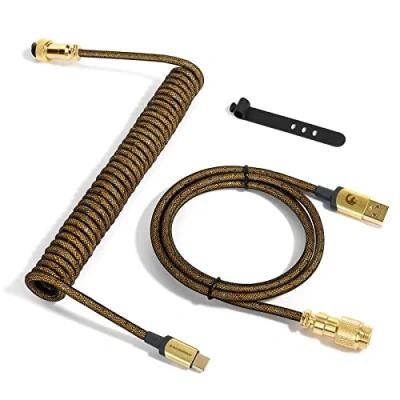 Imagen de MAMBASNAKE C03 Cable USB C en Espiral para Teclado de Juegos, Tipo A Starlight Nailon Braided Coiled Mecánico, 24K Gold Conector Aviador Extraíble Dorado