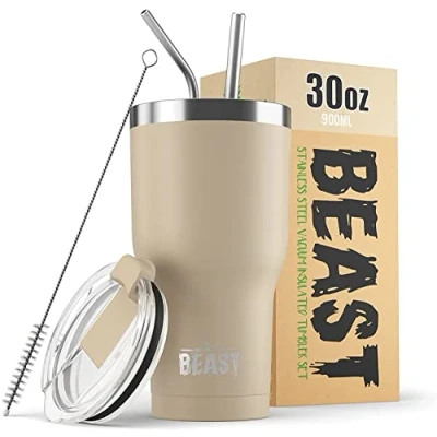 Imagen de Greens Steel BEAST Termo Café para Llevar 900ml I Arena Taza Térmica de Acero Inoxidable Reusable Viajera Doble Pared al Vacío 2 Pajitas y Cepillo Limpieza