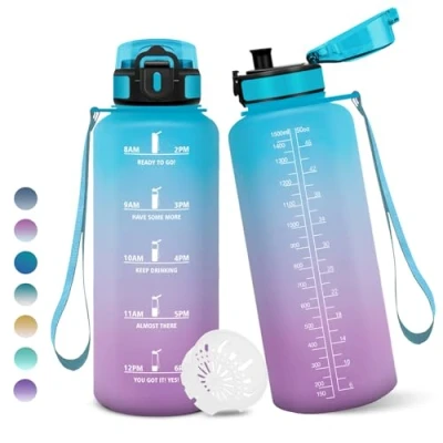 Imagen de Botella Agua, 1,5 litro Libre de BPA, Agua Gimnasio, Con Marca Tiempo, Botellas Diseño Cerradura a Prueba Fugas, para Niños Deportes Azul&amp;Morado