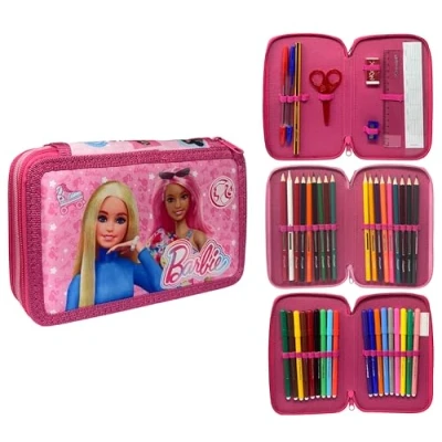 Imagen de CARTOON Estuche de 3 cremalleras completo 44 piezas para la escuela, multicompartimento, bolígrafos, lápices, colores, rotuladores Giotto, Barbie, Moderno