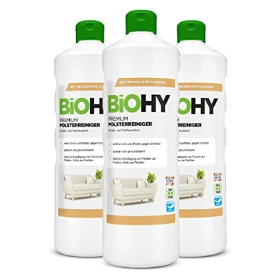 Imagen de BiOHY Limpiador de Tapicerías Premium (3 botellas 1 litro) Concentrado para muebles tapizados, sofás, alfombras y textiles quitamanchas que disuelven el olor (Premium Polster)