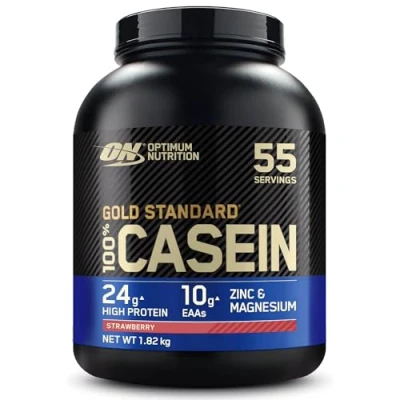 Imagen de Optimum Nutrition Gold Standard 100% Casein Slow Digesting Protein Powder con Zinc, Magnesio y Aminoácidos, Crecimiento Reparación Muscular de Noche, Sabor Fresa, 55 porc., 1,82 kg