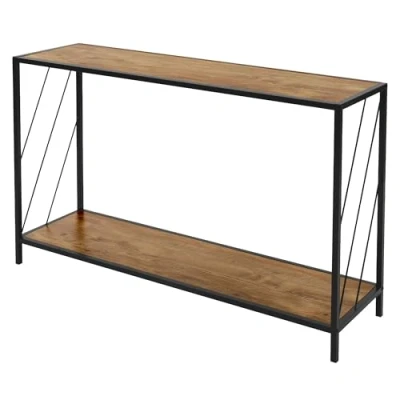 Imagen de ML Design Mesa Consola Marrón 120x33,5x75cm Madera de Roble Rústico Mesita Recibidor Moderna Mueble Auxiliar Entrada con Compartimentos para Revistas Estructura Acero y 2 Estantes