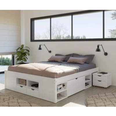 Imagen de Inter Link Cama doble Multifunción Con almacenaje funcional mesillas 6 cajones 8 nichos Madera maciza 2 somieres Barnizado blanco Till 180 x 200 cm