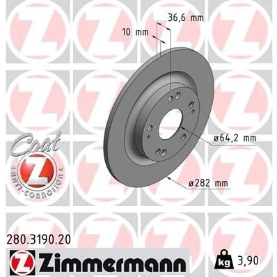 Imagen de ZIMMERMANN 280.3190.20 Disco de freno 282 10 9/5 5 114 macizo revestido HONDA: CIVIC 10, Stufenheck
