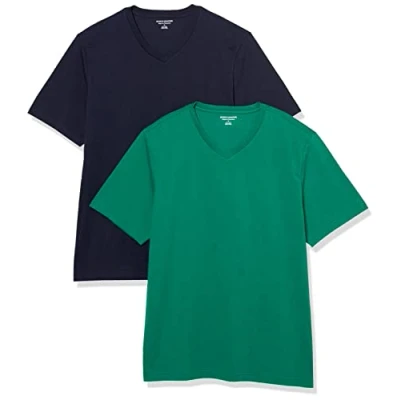 Imagen de Amazon Essentials Camiseta de manga corta, cuello pico, corte recto (disponible en tallas grandes y largos especiales) Hombre, Pack 2, Azul Marino/Verde, M