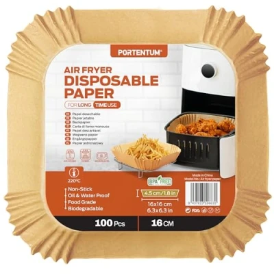 Imagen de PORTENTUM Papel freidora aire 100 unidades Food Grade BPA free de 16 20 cm Air Fryer Cuadrado Ideal para una cocción saludable