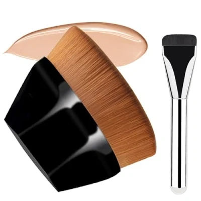 Imagen de Set De Brochas Maquillaje 2pcs Brocha para Base &amp; Plana Alta Densidad Liquid con Fibra Pinceles Profesionales Primera Calidad 2FDS