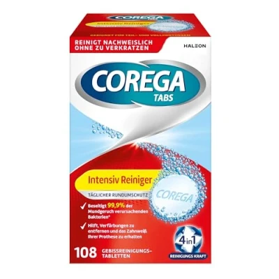 Imagen de Corega Limpiador intensivo de TABS, protección completa para prótesis dentales extraíbles/terceros dientes, 1 x 108 pastillas limpieza dientes