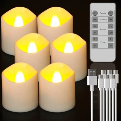 Imagen de Ymenow Velas LED recargables con temporizador de control remoto, 6 unidades luces sin llama que funcionan pilas parpadeantes cable USB puertos para decoración Navidad casa boda