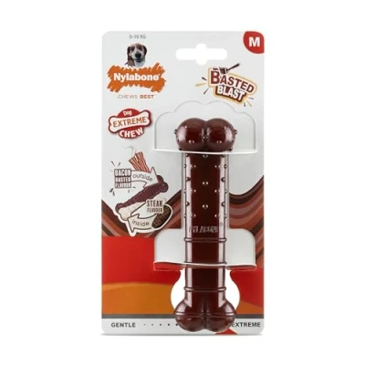 Imagen de Nylabone, Basted Blast, Masticable, Juguete de Nylon para Perros, Forma Hueso, Duradero, Sabor: Bacon y Filete, Mediano, Perros hasta 16 kg