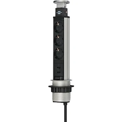 Imagen de Brennenstuhl Tower Power regleta de enchufes Mesa 3 Tomas Corriente (Cable 2m, Conector USB, retráctil en la Mesa, montable) Aluminio