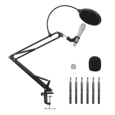 Imagen de Amazon Basics Brazo de Micrófono Ajustable con Filtro Anti Pop y Pantalla Espuma, Abrazadera Montaje en Mesa, Rotación 360, Compatible Blue Yeti, Snowball, HyperX, 35.5 cm, Negro