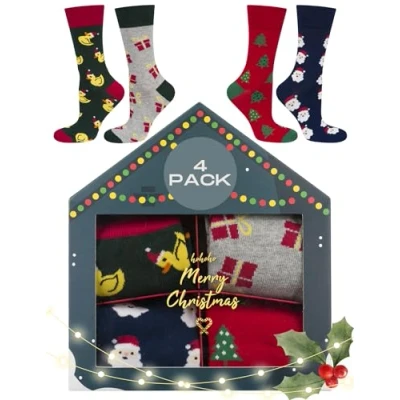 Imagen de soxo Navidad Calcetines Mujer Algodon Regalos Originales Para Hombre Divertidos 40 45 4 Pares Caja Navideña
