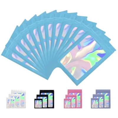 Imagen de Rimiko 50 Piezas de Bolsa Aluminio Resellable, Mylar Hermética para Alimentos, Bolsas Planas Ziplock con Ventana Transparente el Embalaje Productos (Azul Y Holográfico, 12x20 cm)